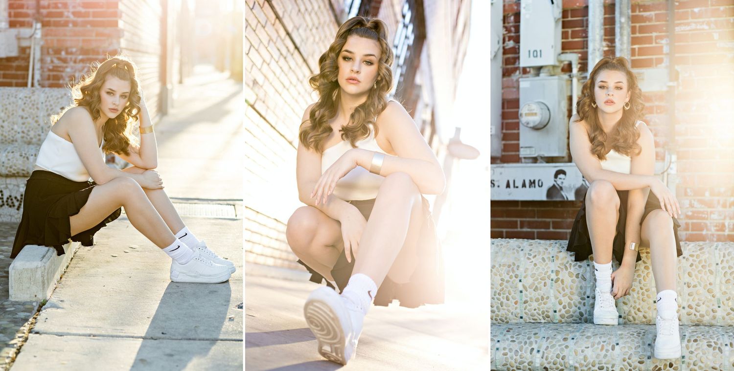 A triptych of vintage-style photographs showing a person sitting on concrete steps in warm sunlit style.