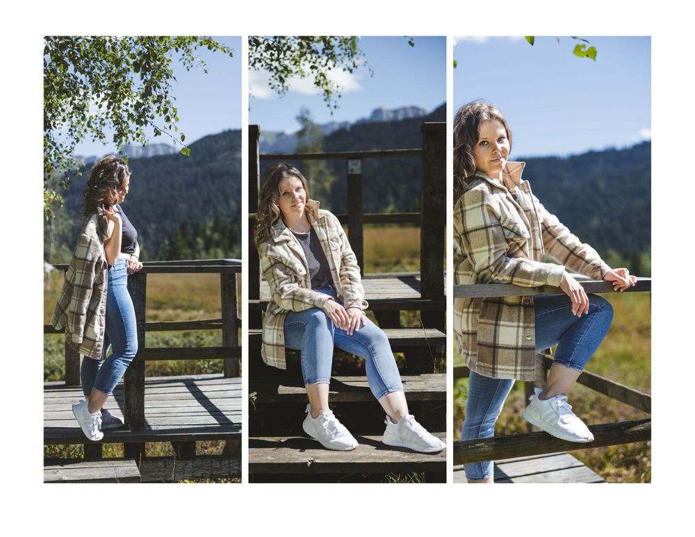Three photos of someone in a plaid jacket and jeans posing on a wooden deck with mountain views.