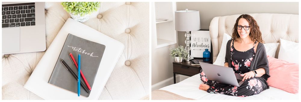 Woman posing with computer and notebook for brand session