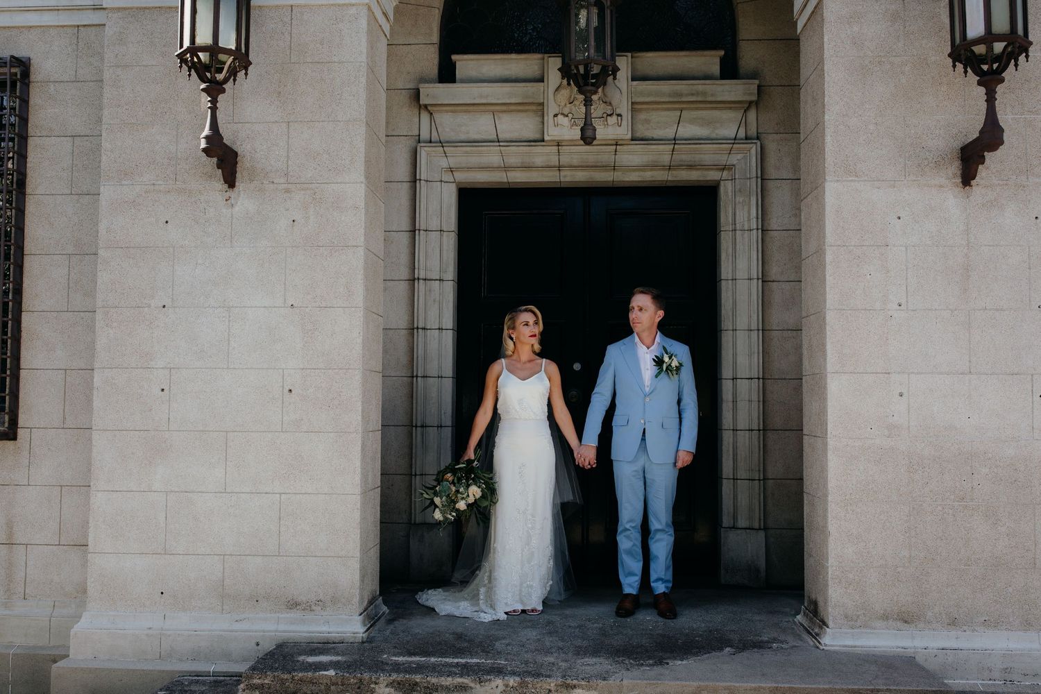 modern bride blue suit wedding photo
