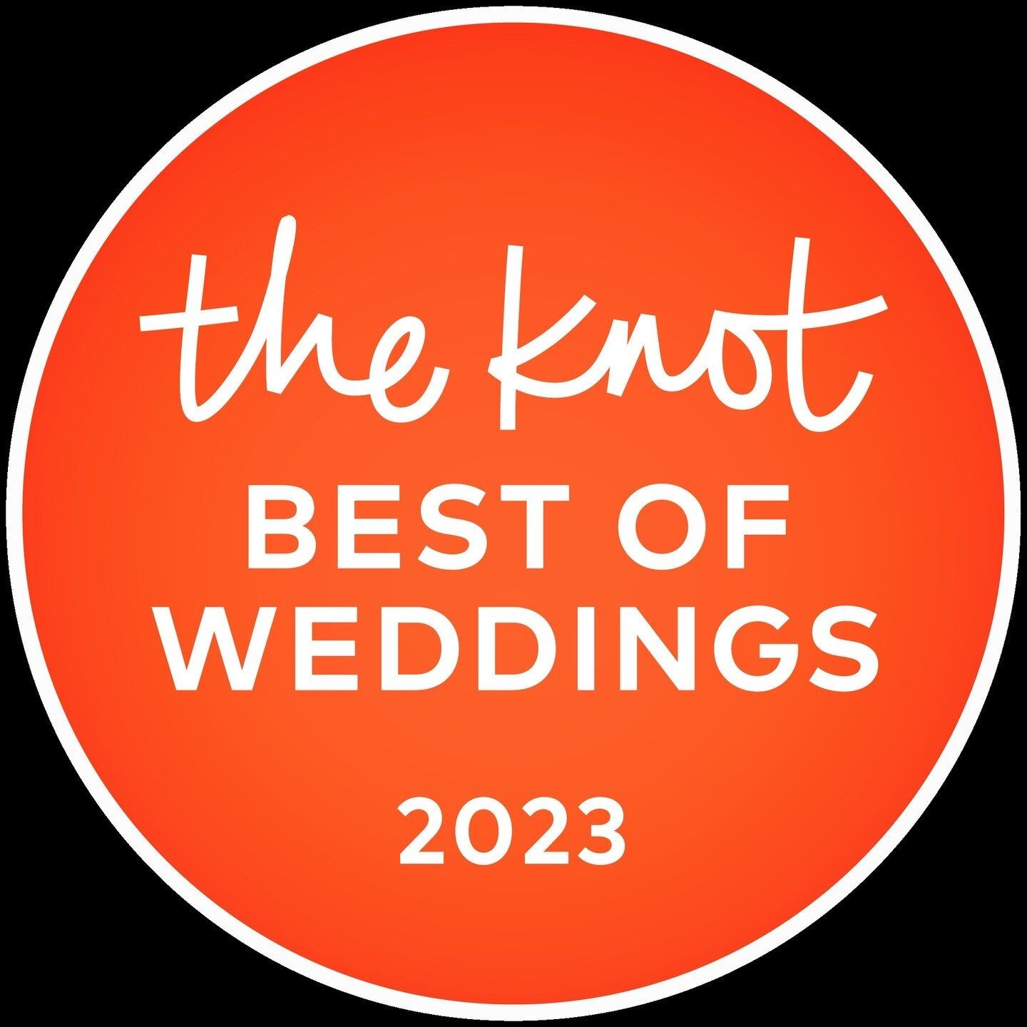Red circular logo badge for The Knot Best of Weddings 2023 award.