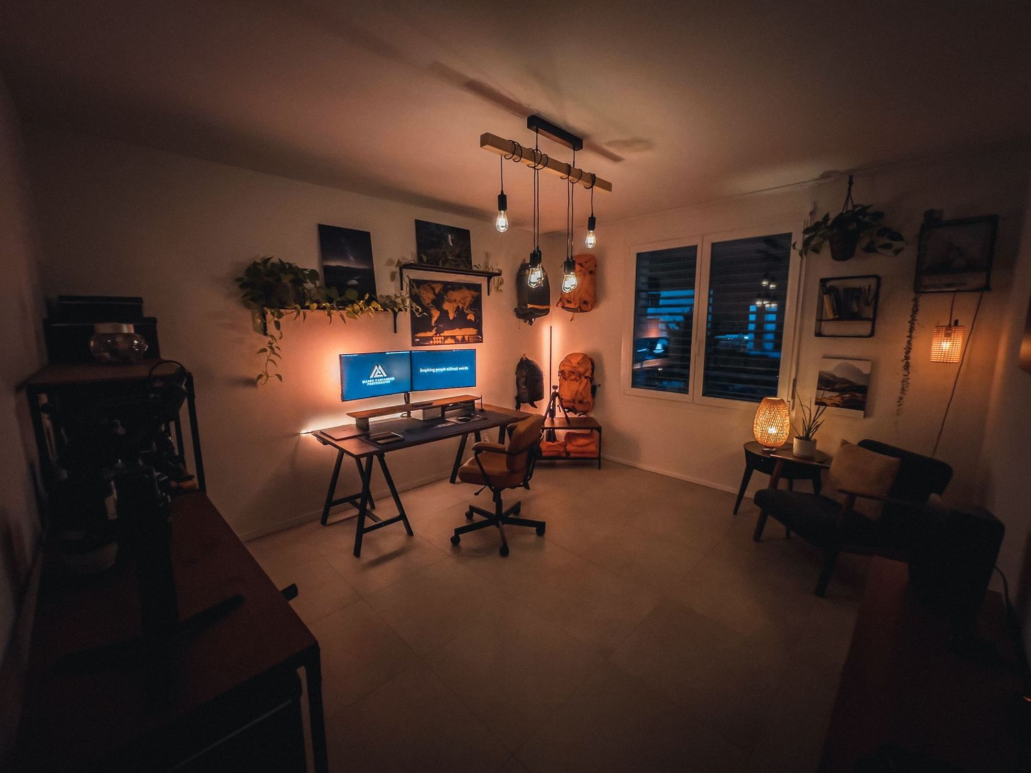 Cozy home music studio with ambient lighting and acoustic instruments.