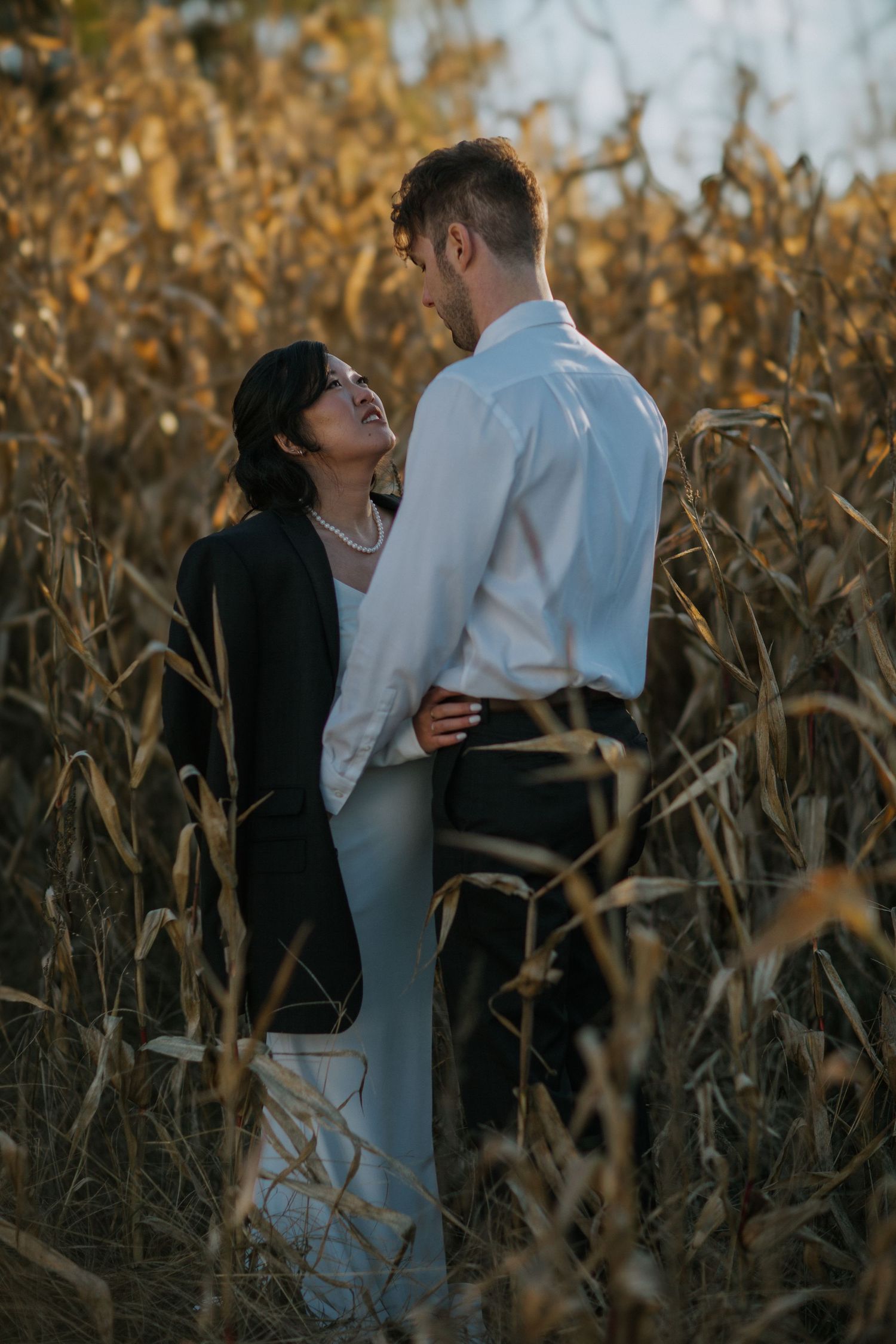 A romantic couple embraces in a golden cornfield at sunset.