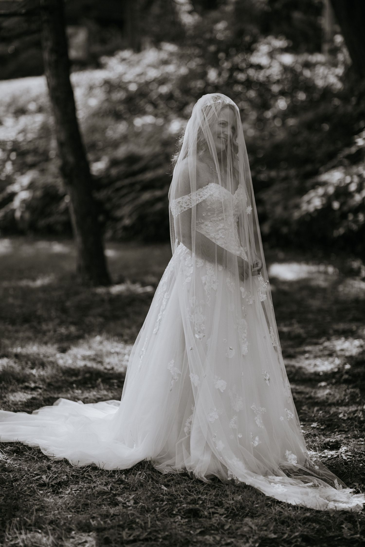 Delicate white wedding dress with flowing veil displayed in a dreamy woodland setting.