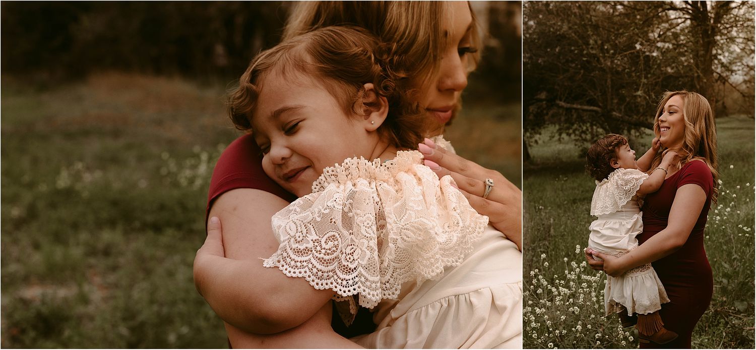 Emotional maternity photoshoot captures tender moments between mother and child outdoors.