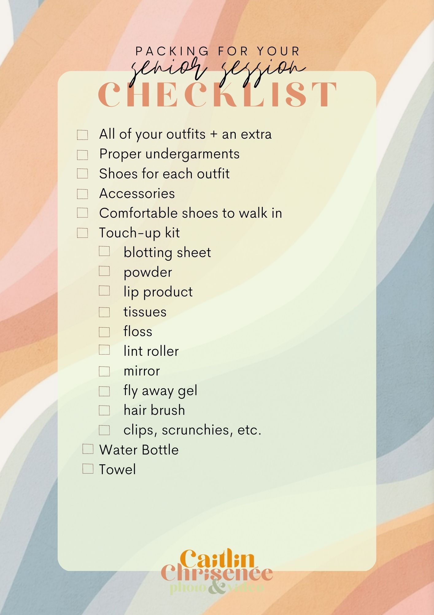 A packing checklist template for travel essentials with checkboxes and items listed on a pastel rainbow background.