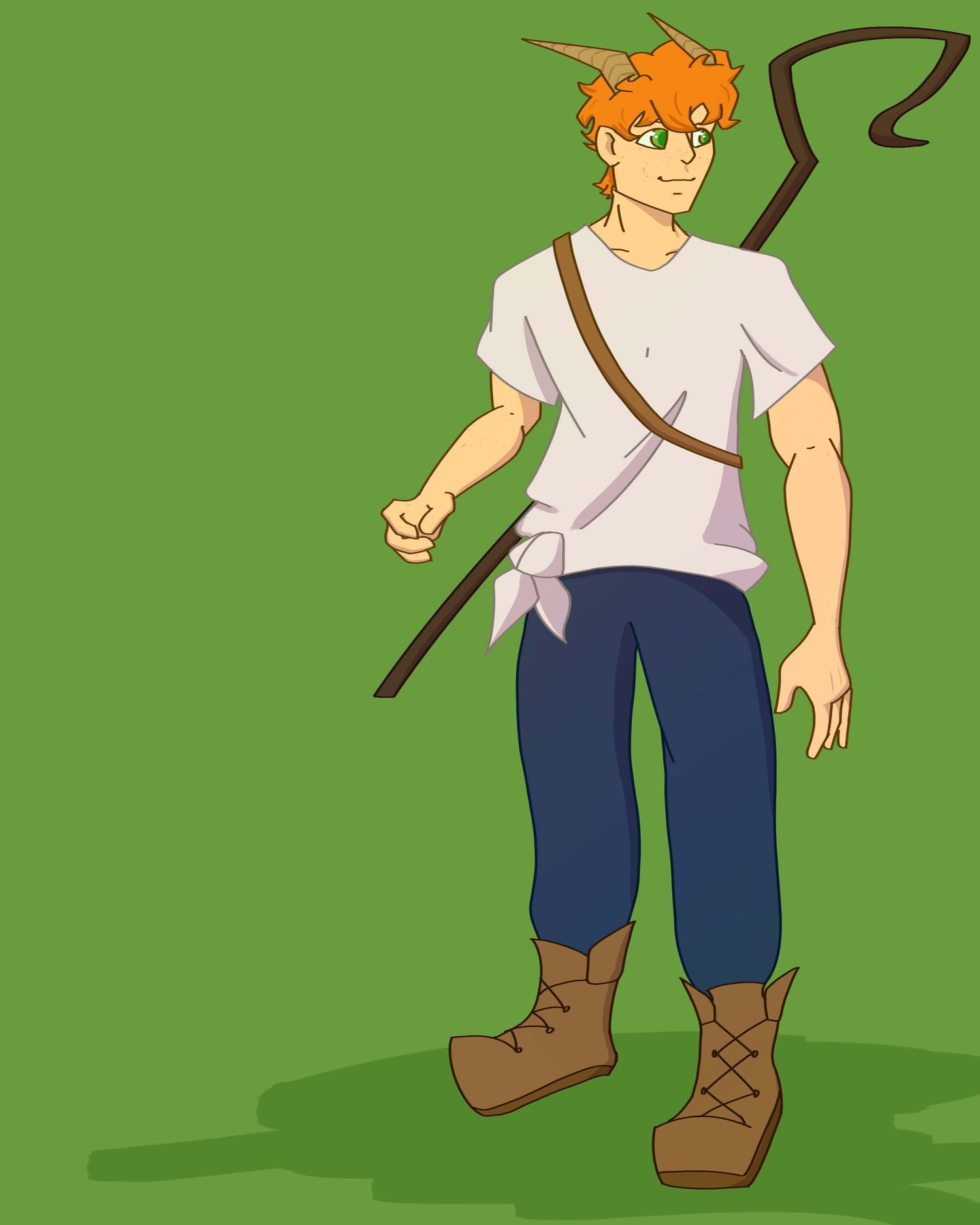 An illustration of a young man with demon horns. He is wearing a white shirt, and has a sheep herding staff on his back.
