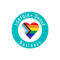 LGBTQIA+ owned business badge with rainbow heart symbol on turquoise background.