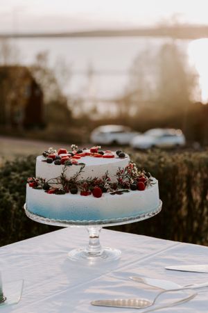 A beautiful wedding cake decorated with red berries displayed outdoors at sunset.