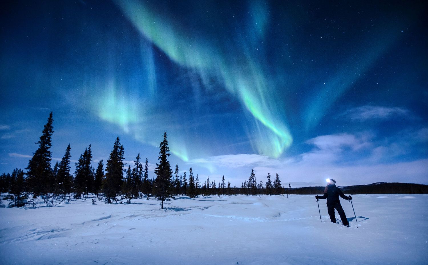 Skiing under the northern lights, Swedish Lapland