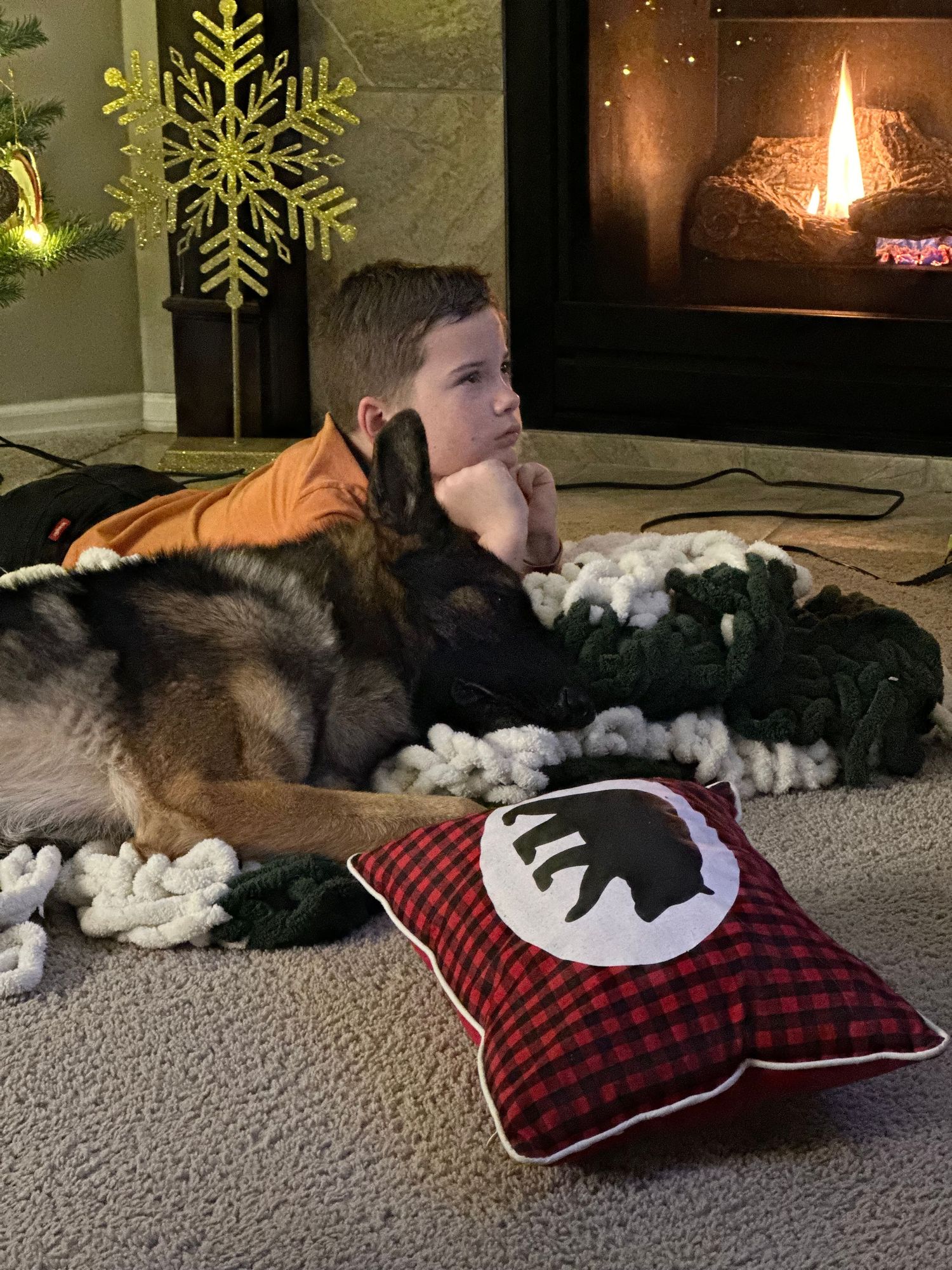A German Shepherd dog lies by a fireplace with a buffalo plaid pillow while watching holiday decorations nearby.