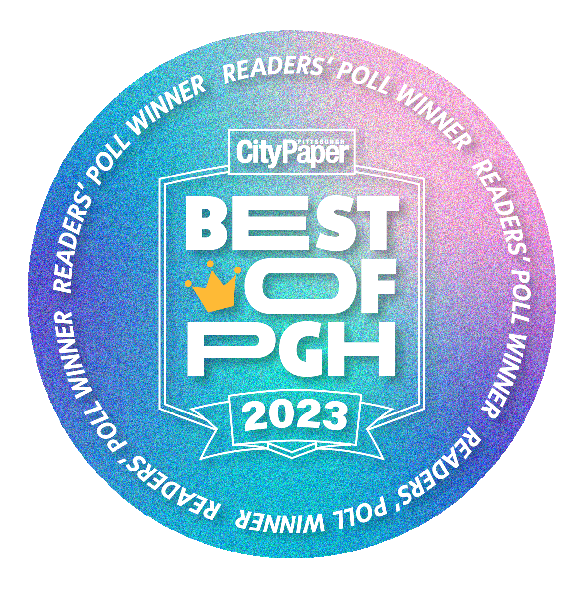 Best of PGH 2023 City Paper readers' poll winner badge with blue and pink gradient circular design.