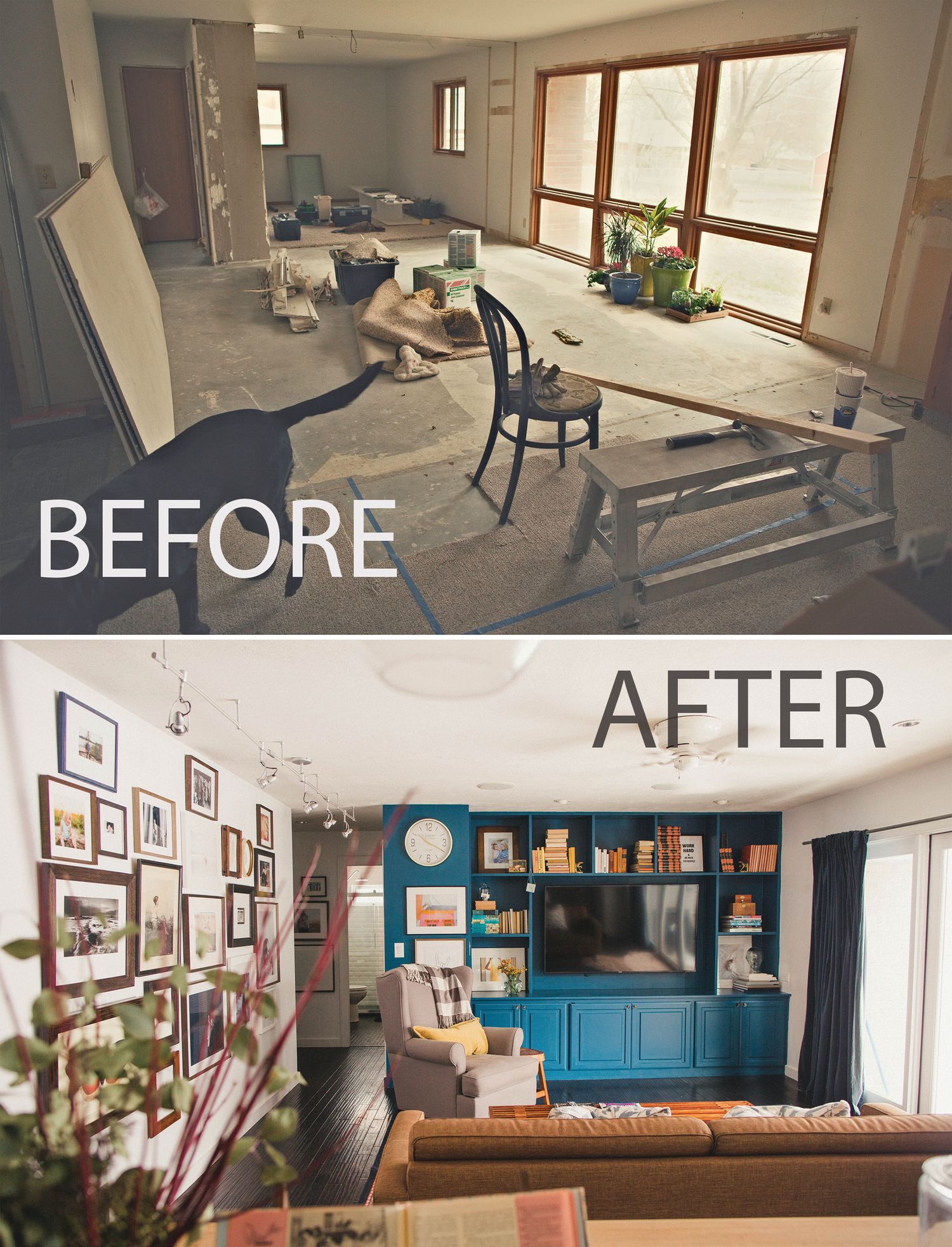 Before and after renovation photos showing dramatic transformation of a living space with blue accent wall.