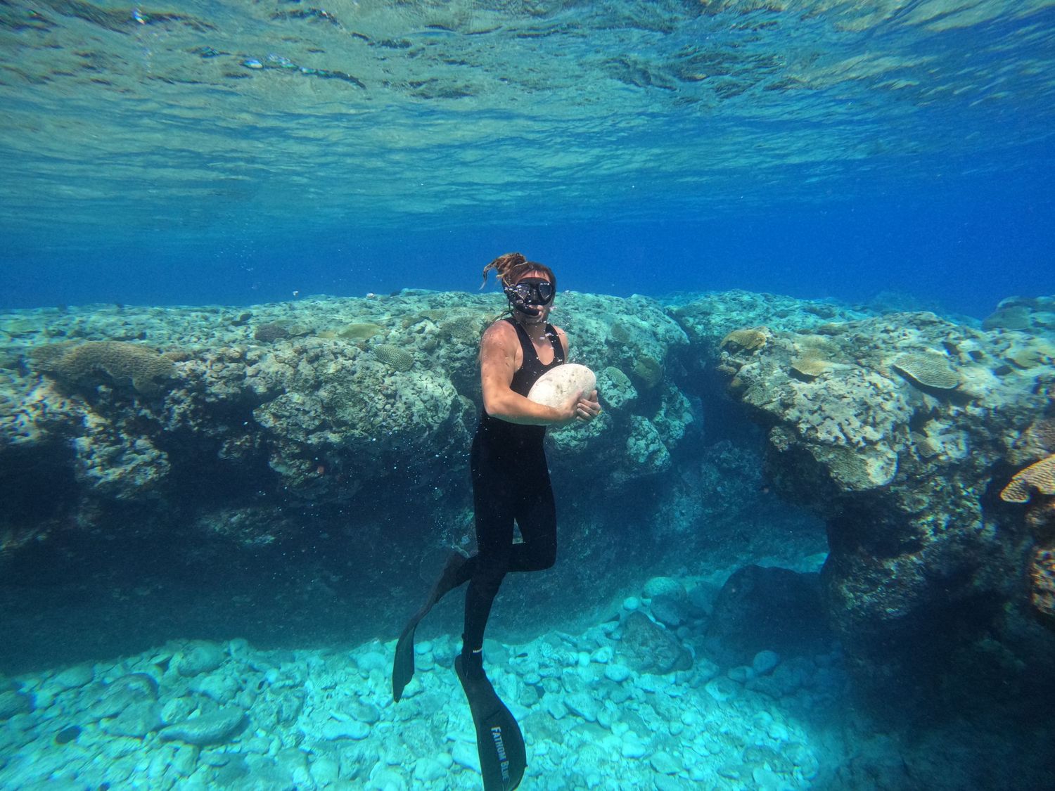 Diver floating near coral reef formations in crystal clear turquoise waters.