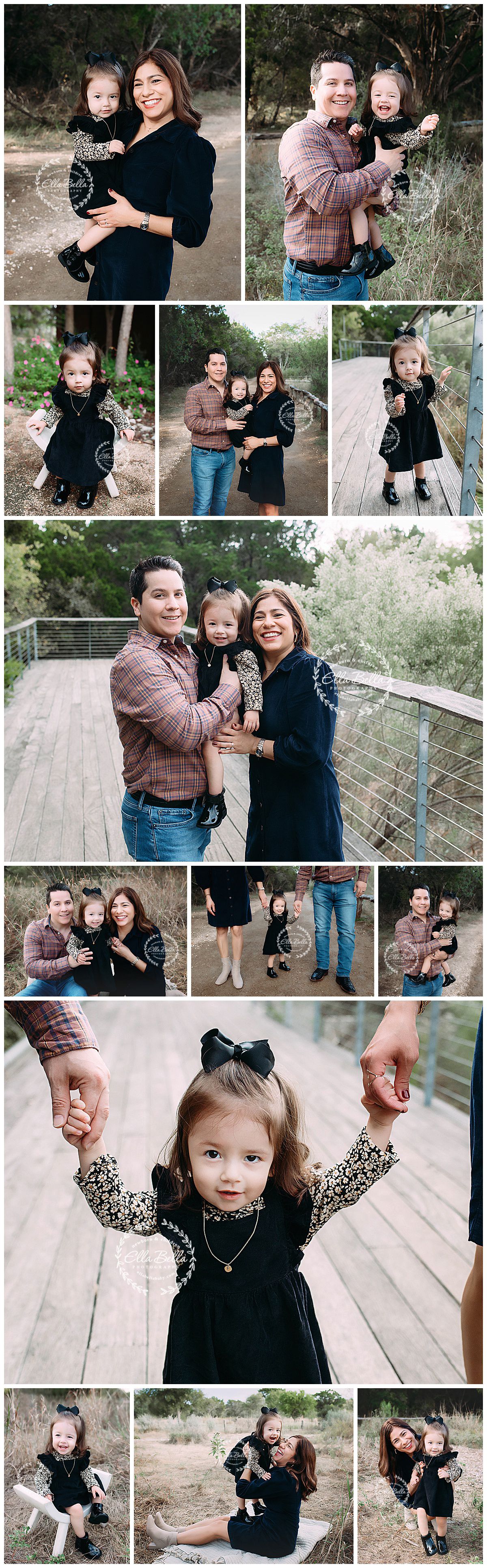 Collection of casual outdoor family photos taken on wooden boardwalk and natural settings.