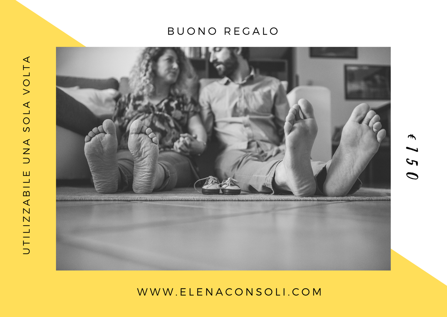 Black and white gift card template showing feet relaxing on bed.