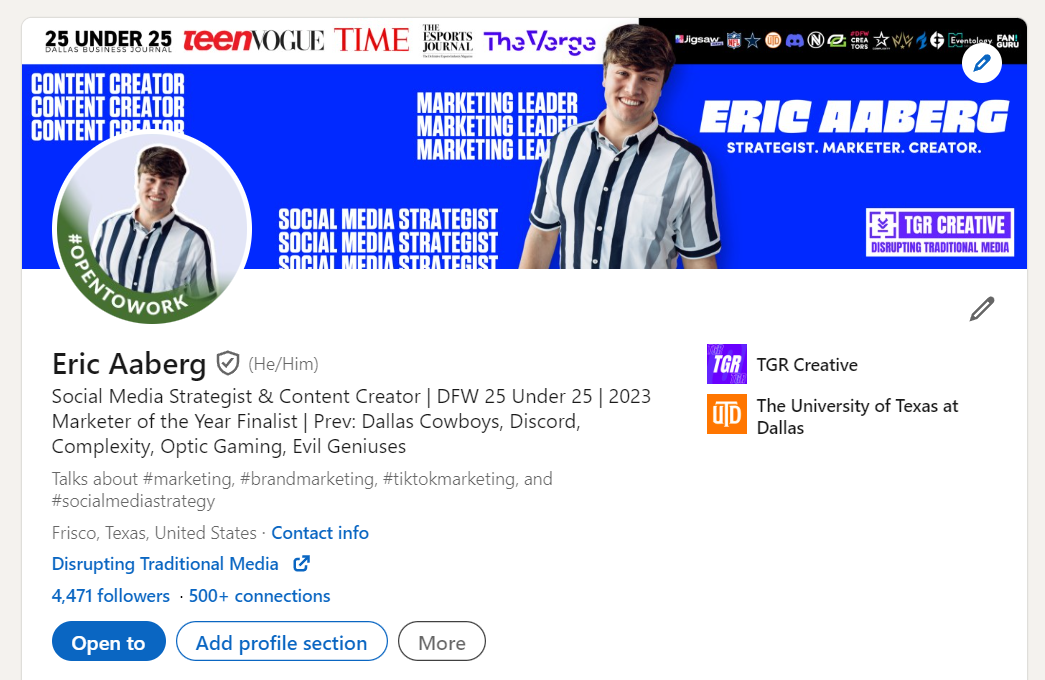 Social media profile headers and branding elements in blue and white color scheme.