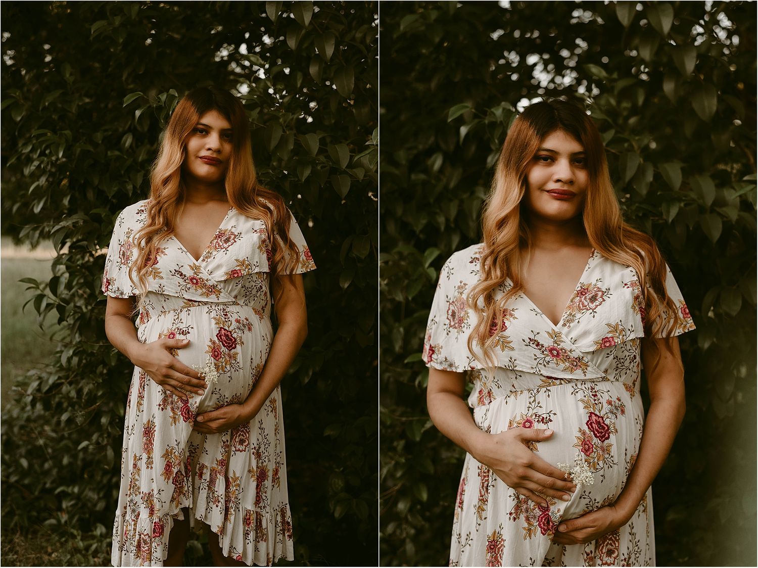 Side-by-side maternity photos showing poses in a floral dress against a natural backdrop.