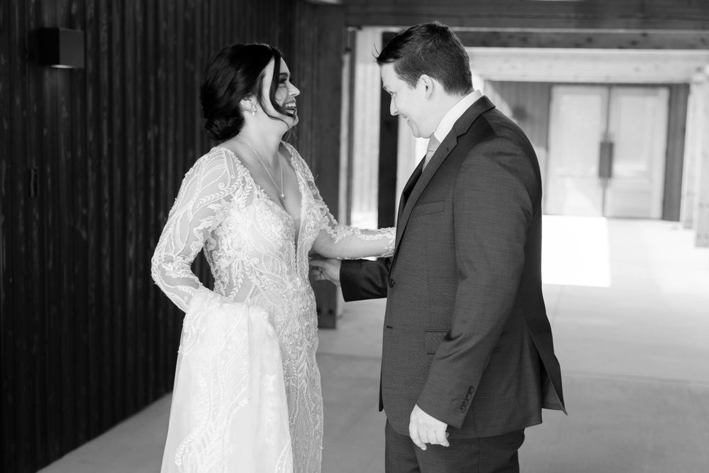 Bride and groom during first look during wedding at Jorgensen Farms in Westerville, Ohio.