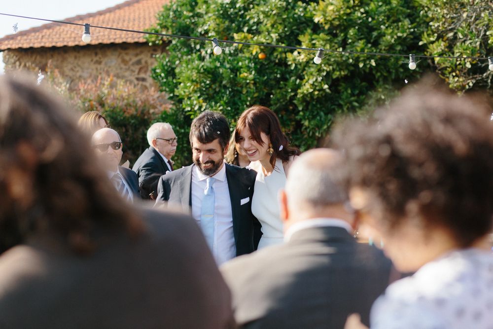 An outdoor wedding ceremony taking place under a citrus tree.