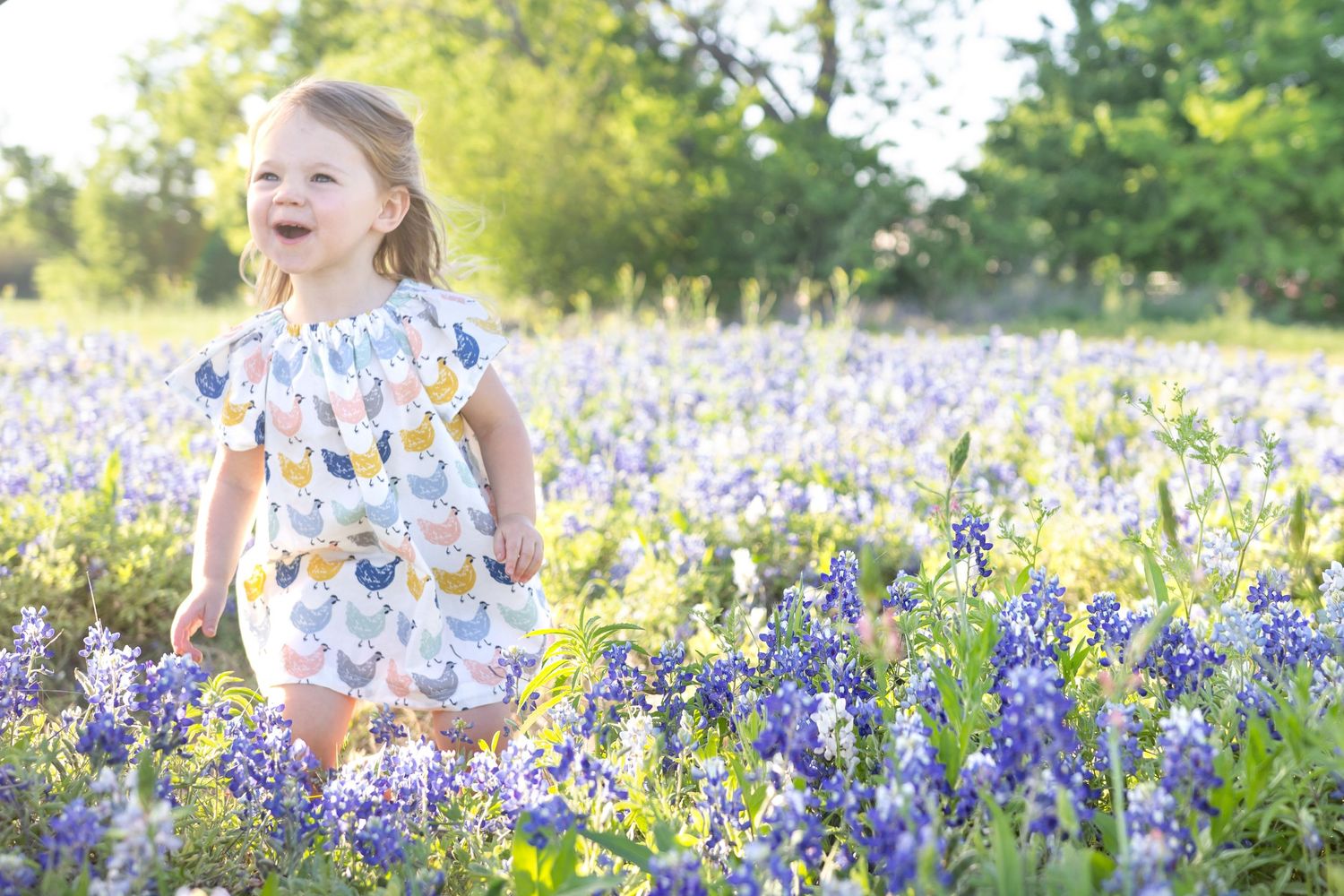 Young girl exploring field of blooming bluebonnets in spring.