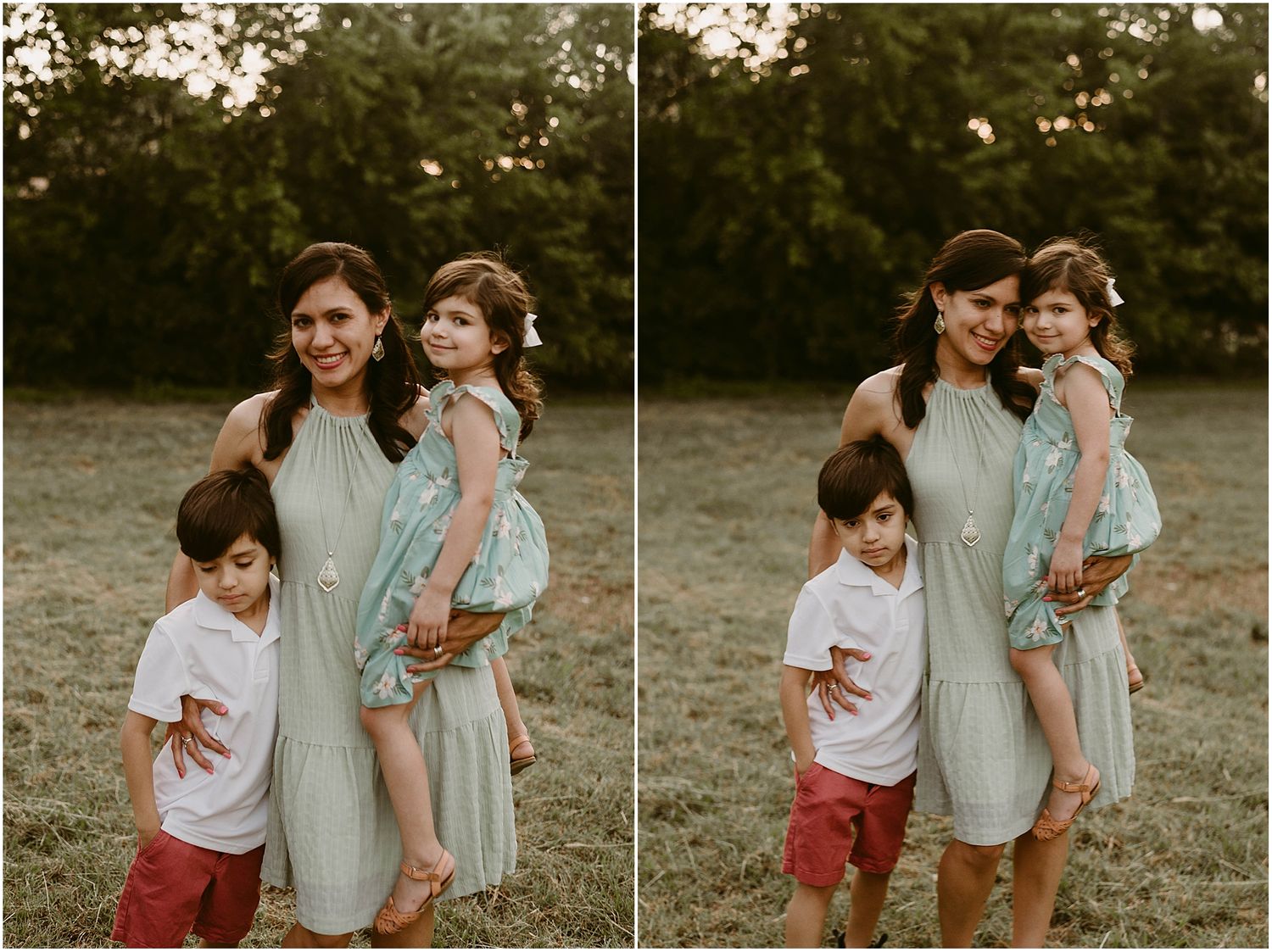 A series of candid family photos showing tender moments between parent and children outdoors.