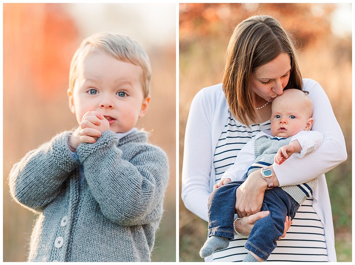 Cute toddler portrait during golden hour and mom kissing baby in Starkey Park Zionsville by Jayme Riggleman Photography