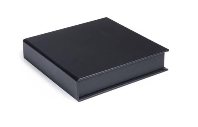 Simple black square presentation box closed against white background.