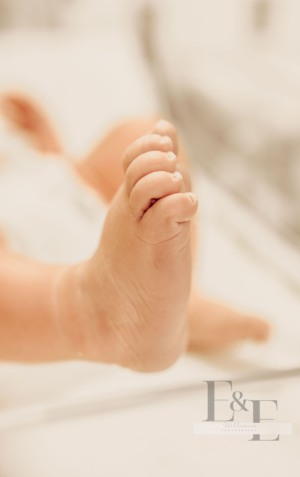 Close-up view of tiny newborn baby feet on white hospital bedding.