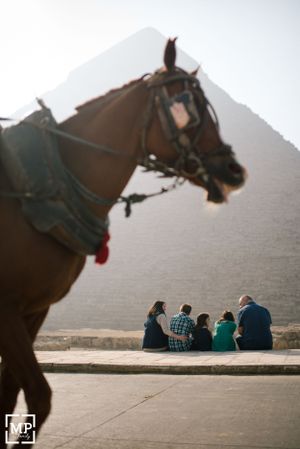 A brown horse in foreground with people sitting on stone steps at the pyramids in the background.
