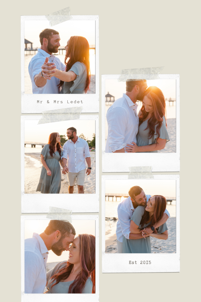 A collection of romantic beach engagement photos arranged in polaroid style.