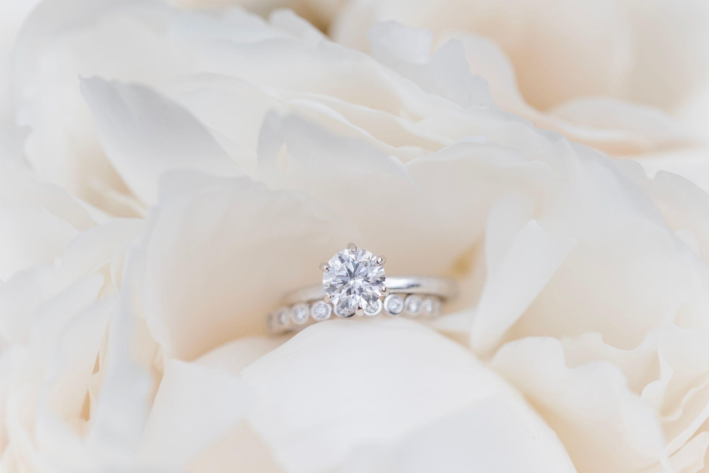 Close up of a sparkling diamond engagement ring nestled in soft white fabric.