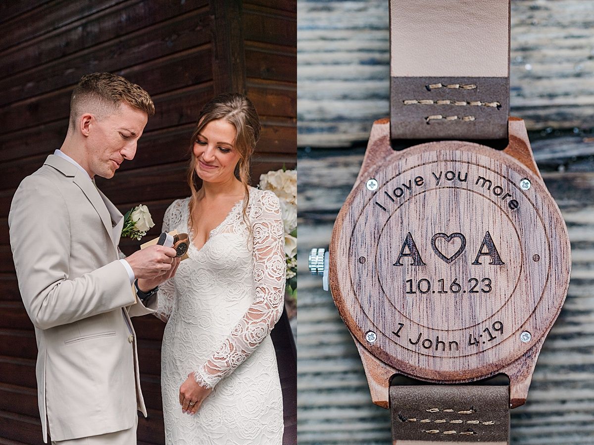 Groom opens wedding gift of engraved watch from bride detail photography