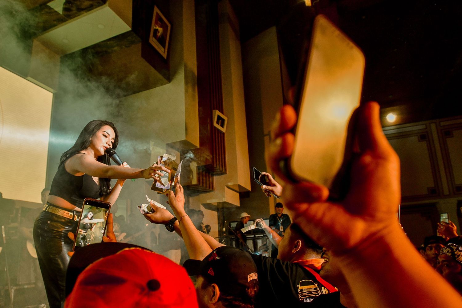 Concert performer interacting with an energetic crowd in a smoke-filled venue.