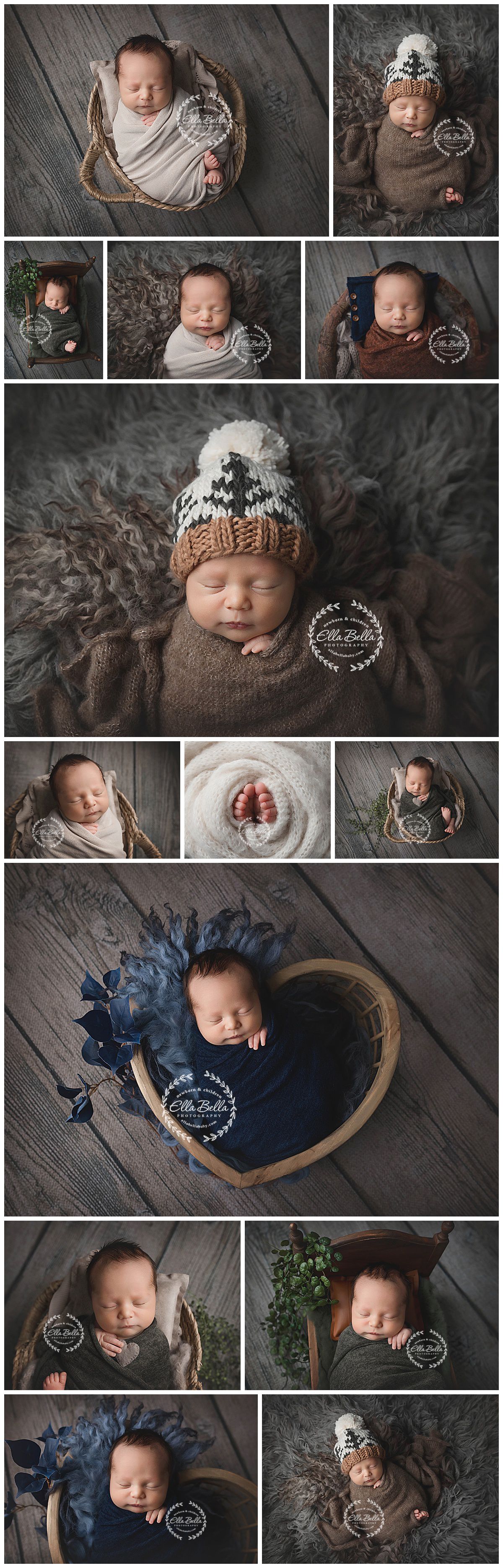 Professional newborn photo collection featuring cozy wraps, winter hats and rustic wooden settings.