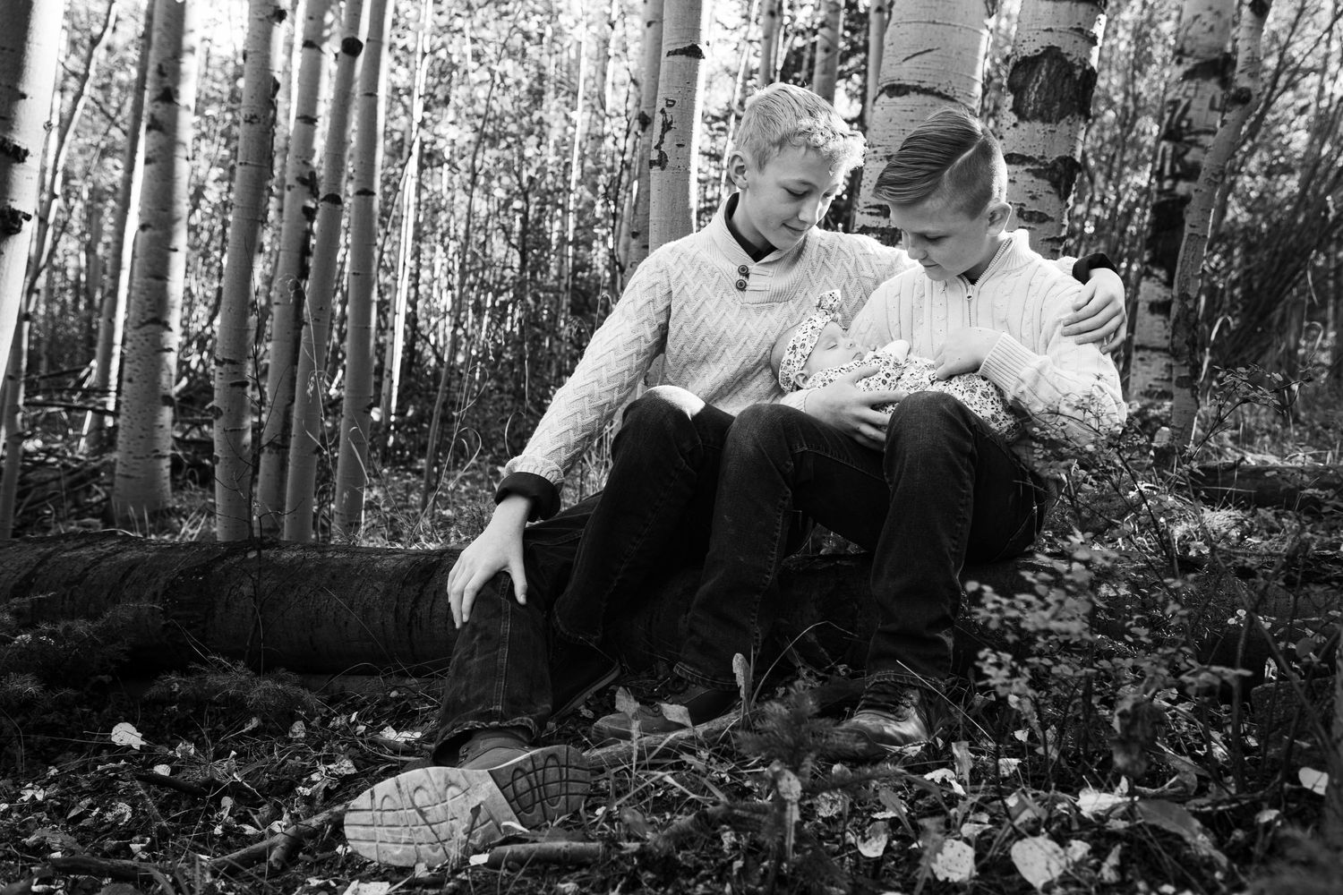 Black and white portrait of people sitting together in an aspen forest.