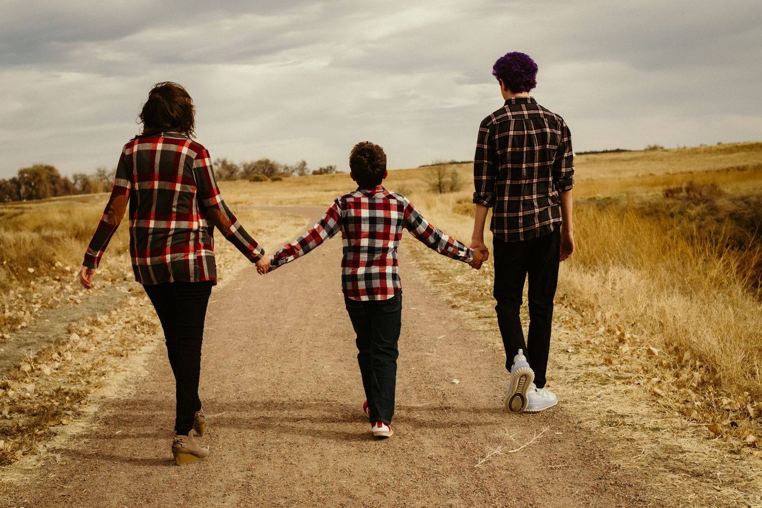 Three people in matching plaid shirts holding hands while walking down a rural path at sunset.