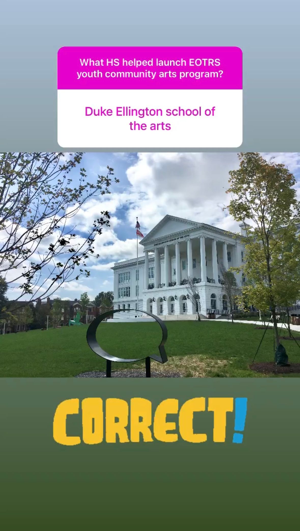 White neoclassical building of Duke Ellington School of the Arts with grand columns and green lawn on a sunny day.