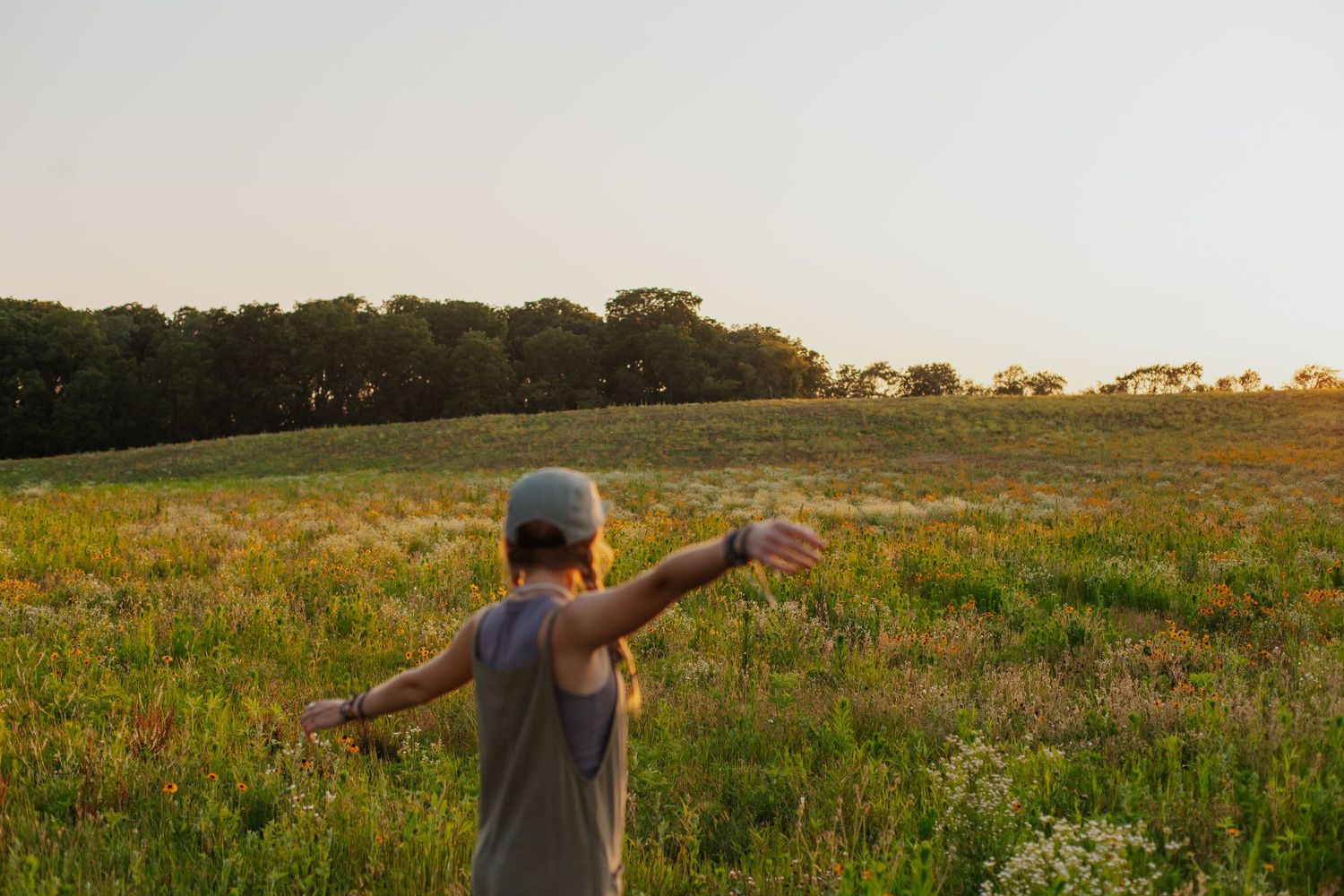 Dreamy meadow scene with person walking through wildflowers at sunset.