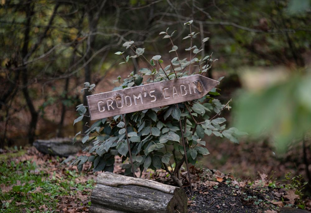 Rustic wooden wedding sign nestled among garden foliage.