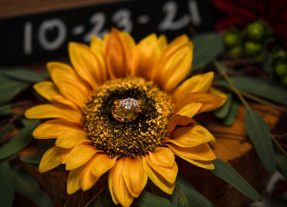 Close-up of wedding rings nestled in the center of a bright yellow sunflower.