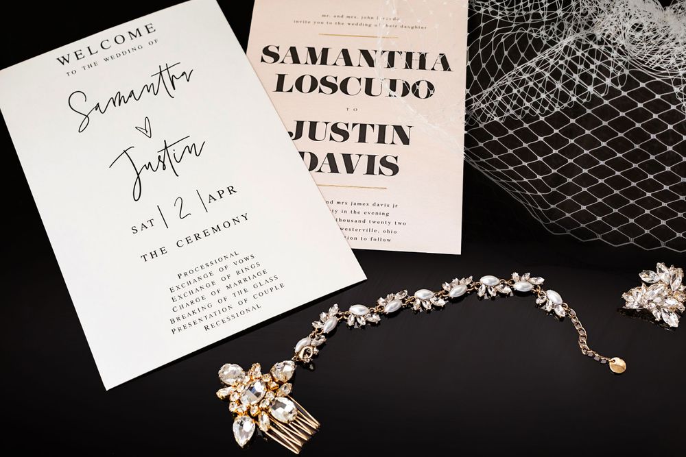 Wedding stationery suite featuring modern calligraphy and elegant design elements on black background.