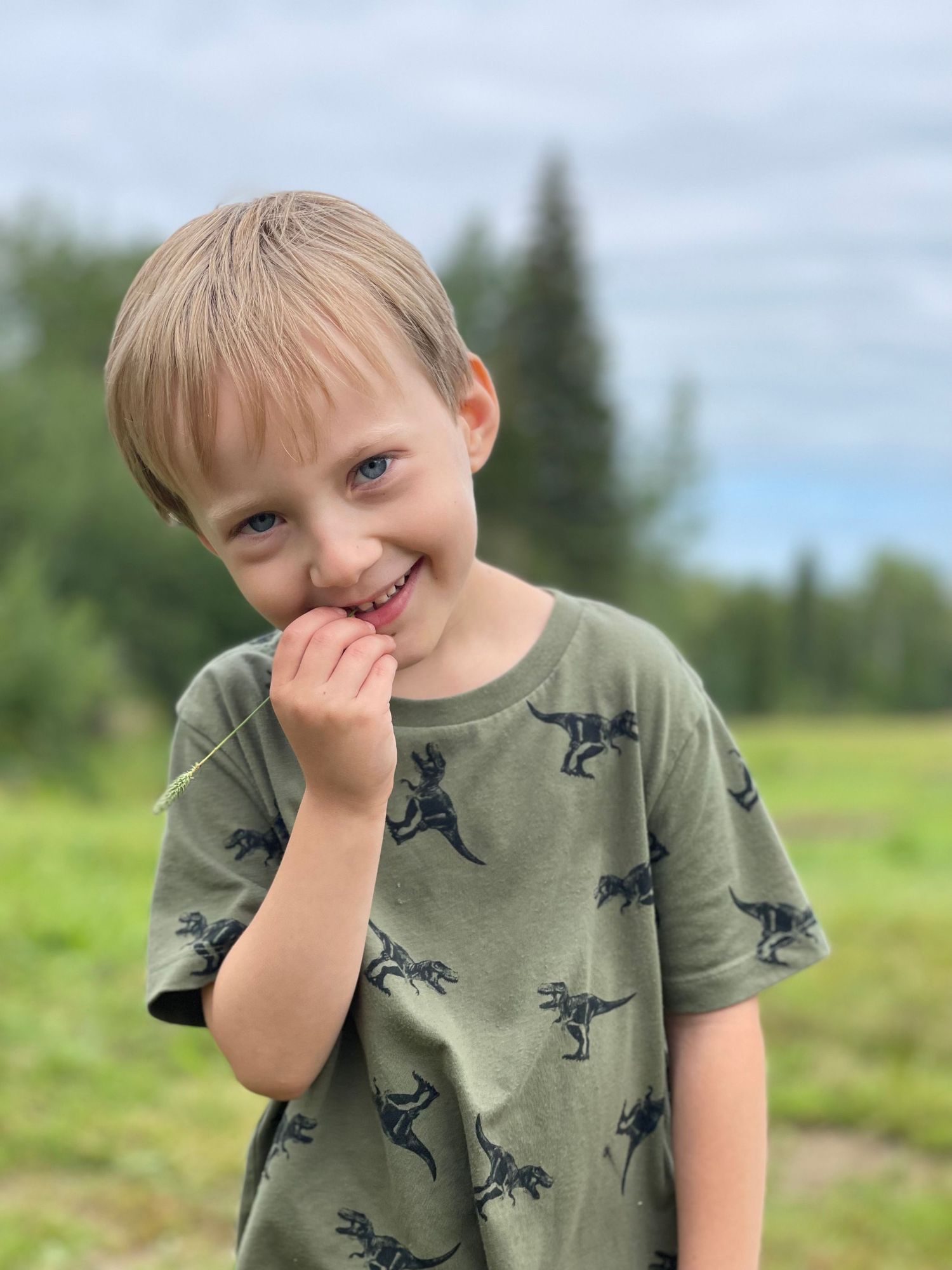 Young child in dinosaur print t-shirt makes playful expressions in sunny outdoor setting.