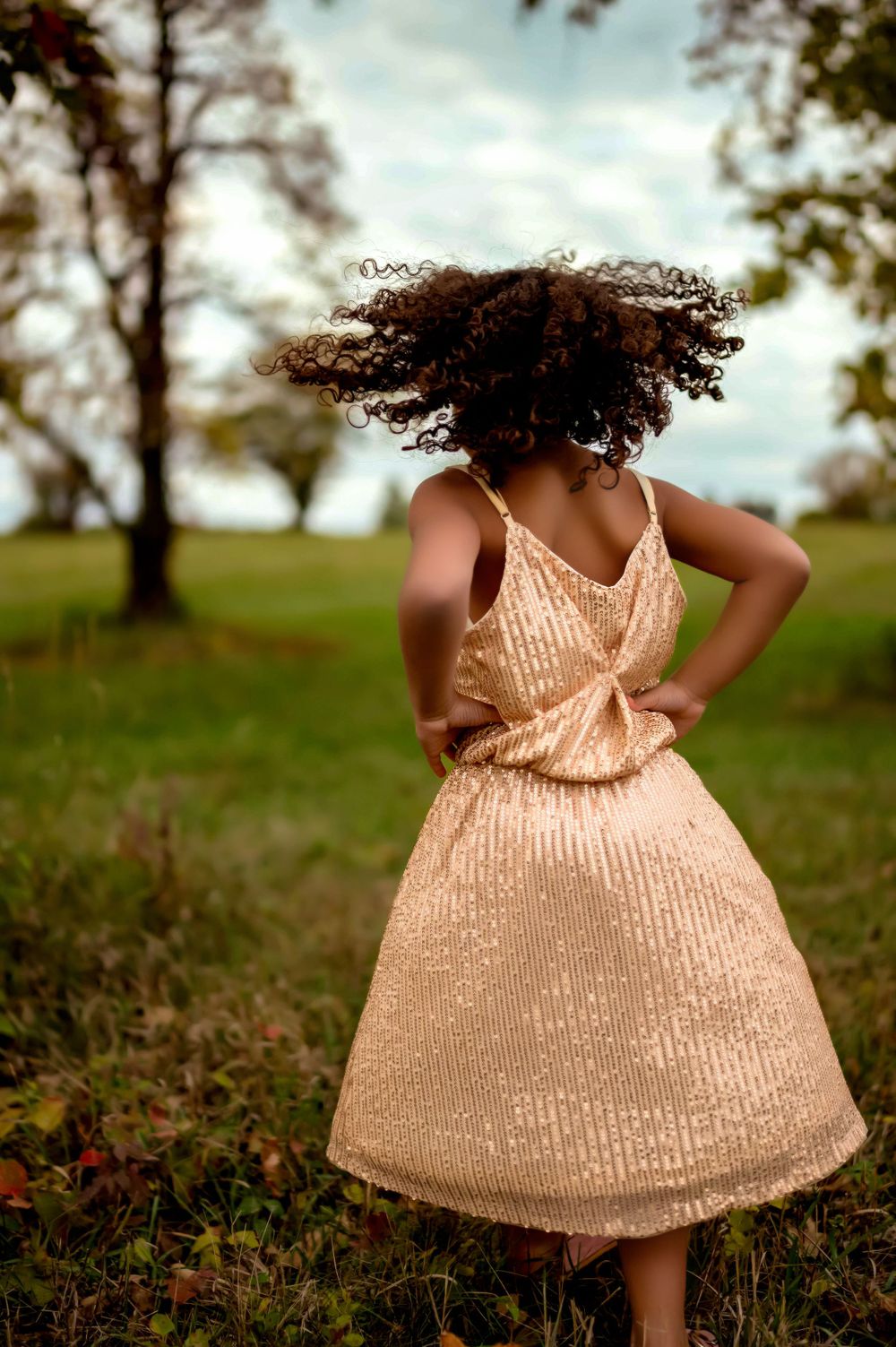 A person in a shimmering dress twirls with their back turned against a cloudy sky backdrop.