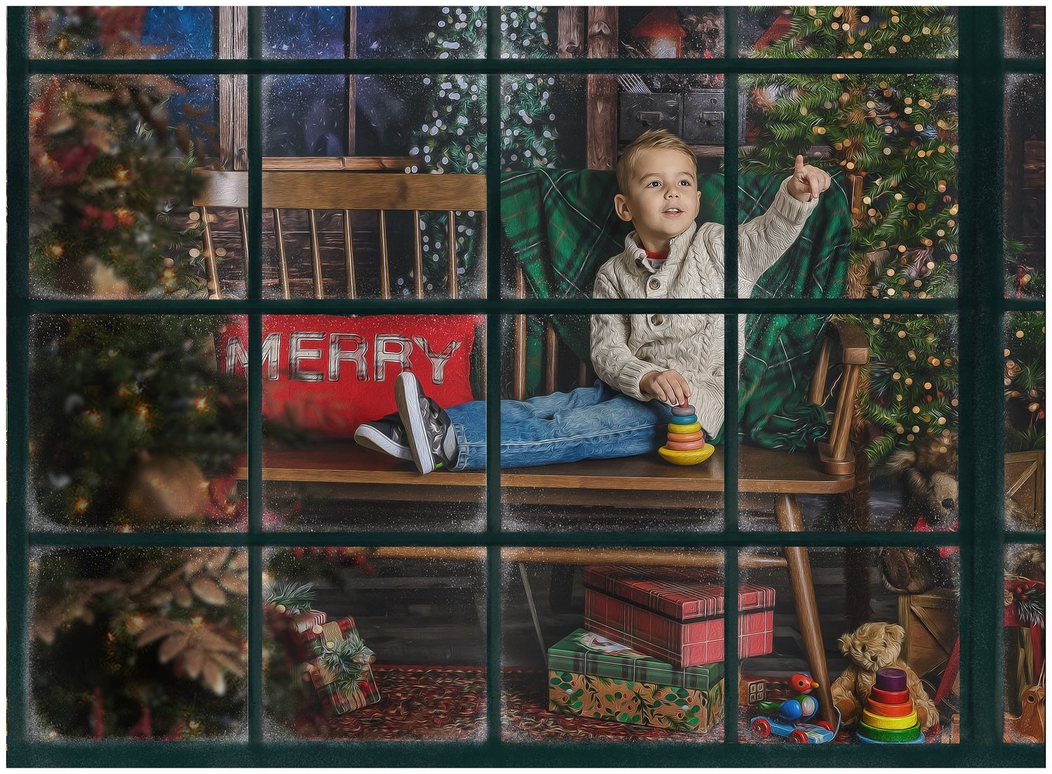 Holiday child portrait at Christmas window set Austin studio