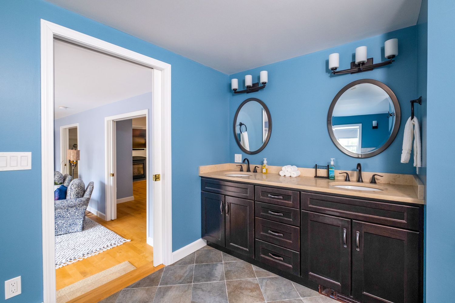Primary bedroom bathroom at a vacation rental property in Harrison, Maine.