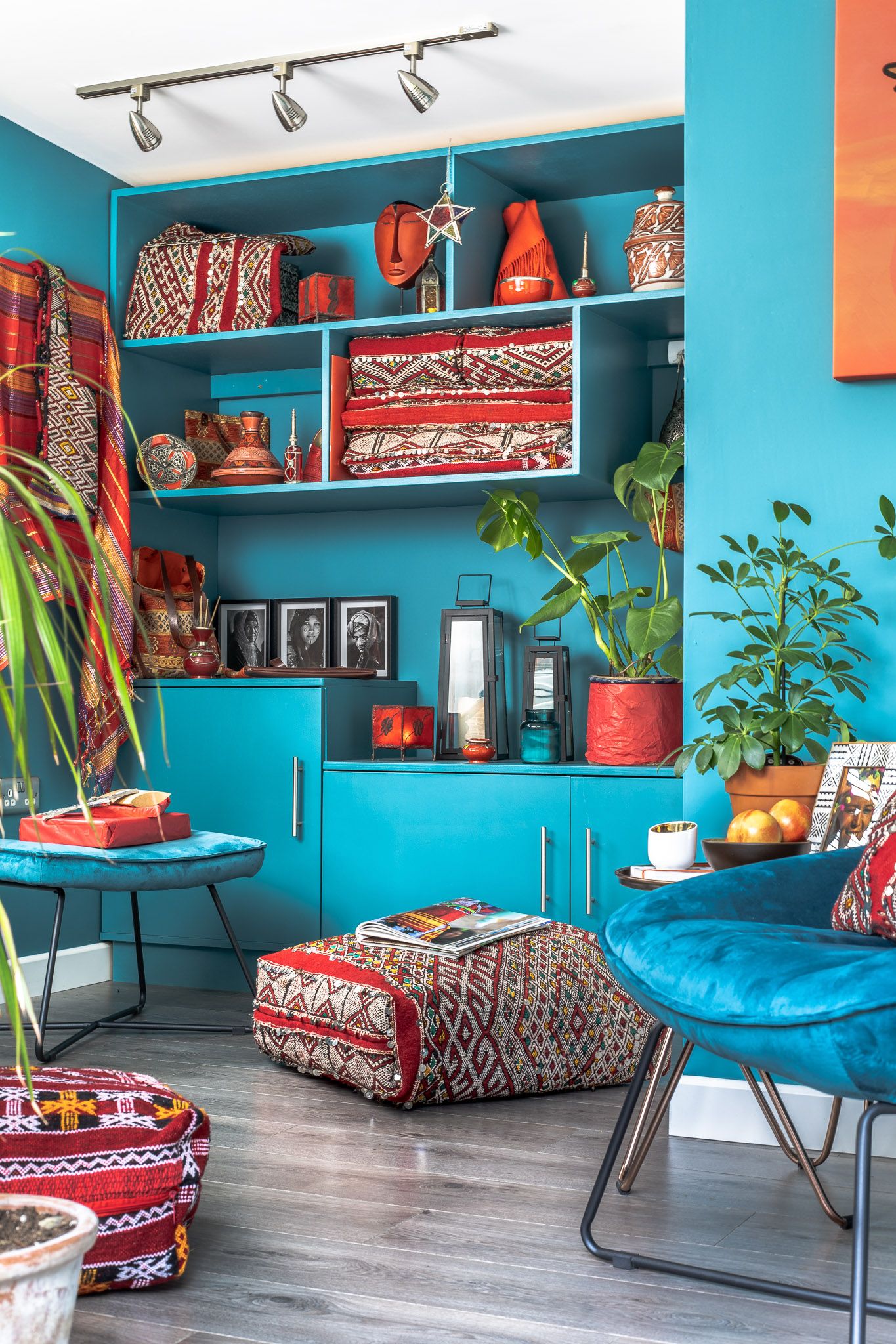 Vibrant teal living room with colourful shelving, patterned textiles, bucket chair and houseplants, eclectic interior photography