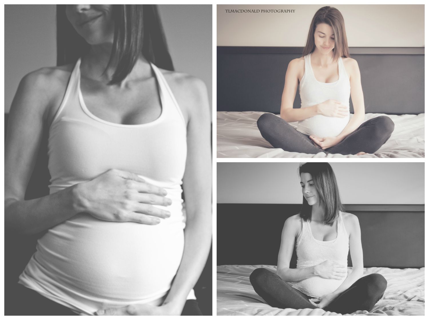 Black and white maternity photography series showing pregnancy progression.
