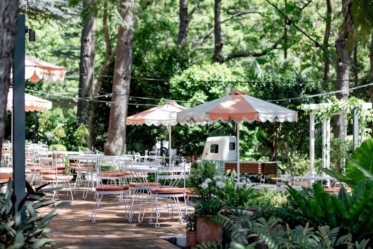 An outdoor restaurant patio setting with tables and umbrellas surrounded by lush greenery.