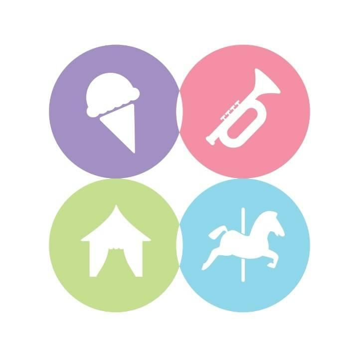 Colorful pastel icon set featuring ice cream, trumpet, tent, and carousel horse symbols.